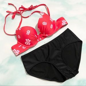 NWOT! AERIE Red Floral and Black Swimsuit Set